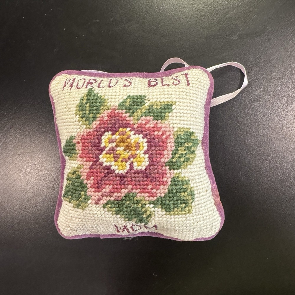 Vintage Hand Needlepoint Floral Cottagecore Small Pillow Needlepoint 5"